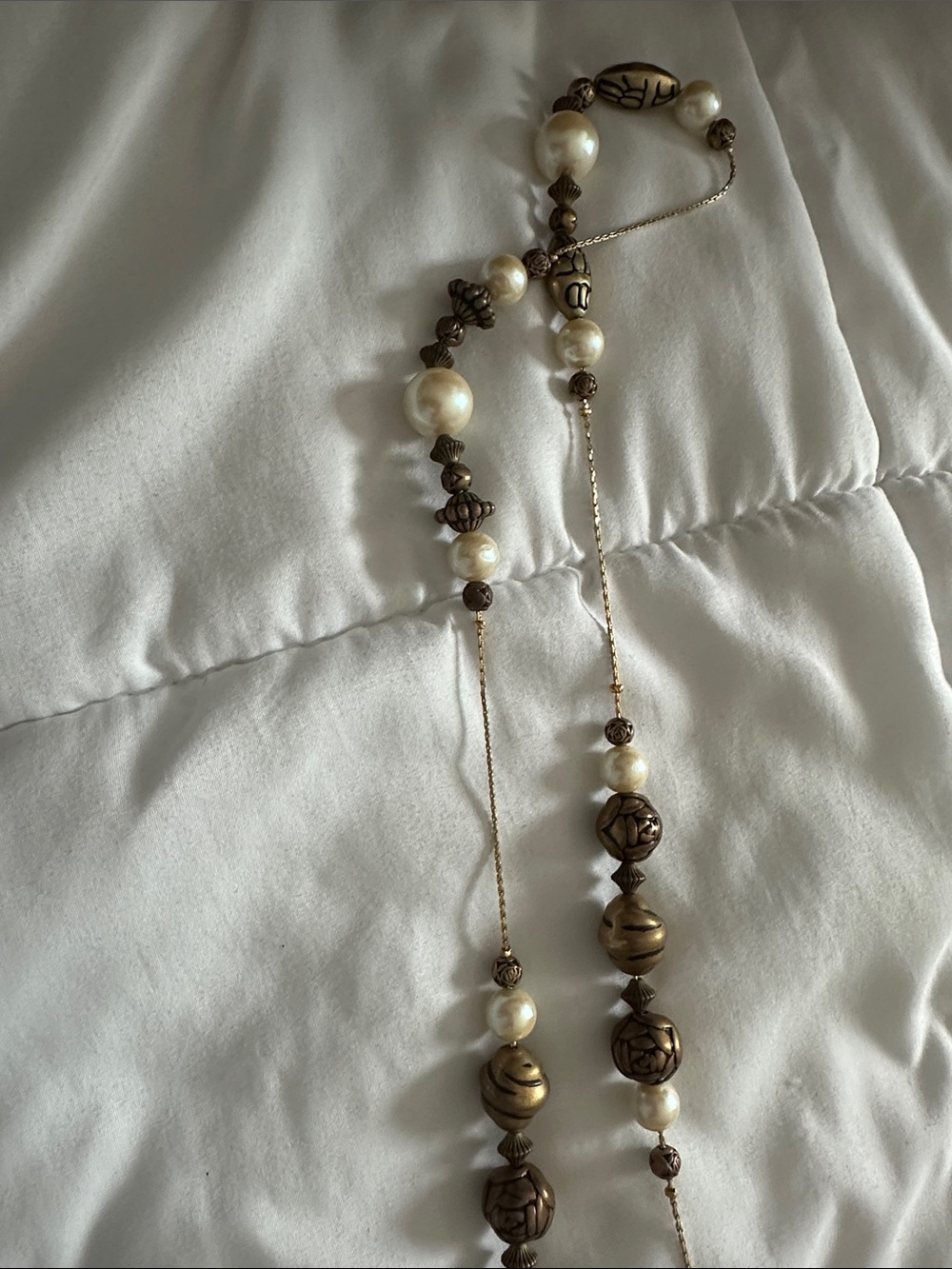 Vintage faux Pearl and Bronze Bead Long Necklace - Women Jewelry
